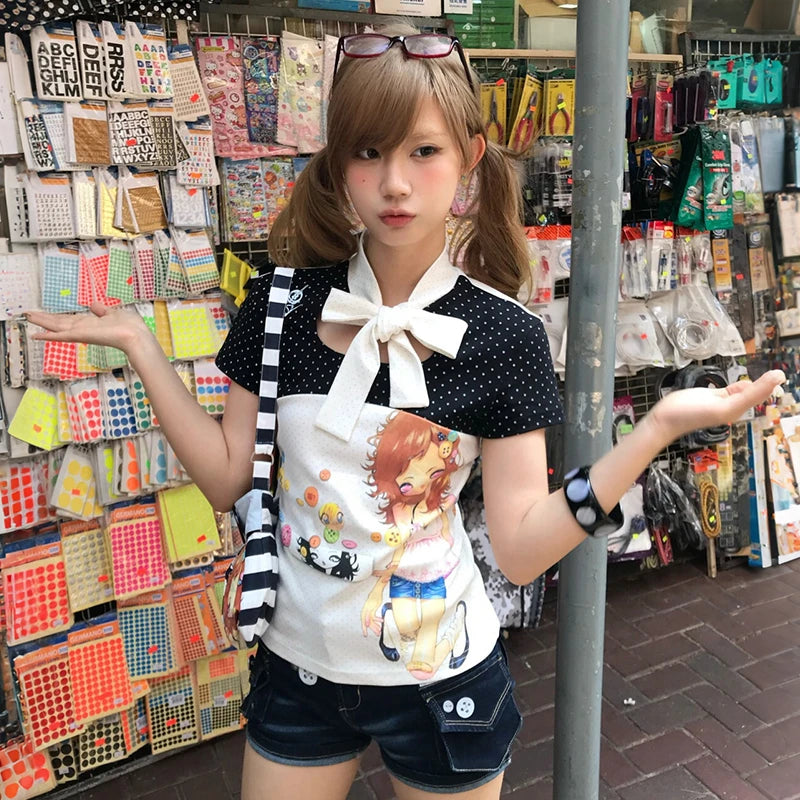 Chic Dollette Anime 2000s Short Sleeve Patchwork Top