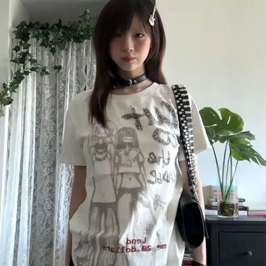 T-shirts graphiques de dessin animé gothique chic Dollette à manches courtes Vêtements années 2000 T-shirt femme style japonais imprimé t-shirts gothiques d'été