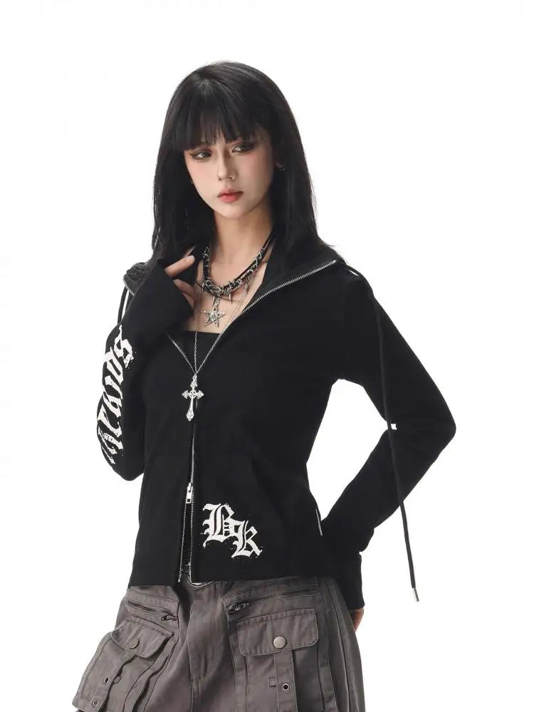 Chic Dollette Reißverschluss-Kapuzenpullover Langarm Streetwear Koreanische Modebedruckte Damen-Sweatshirts 2000er Kleidung Herbst Oberteil Chic