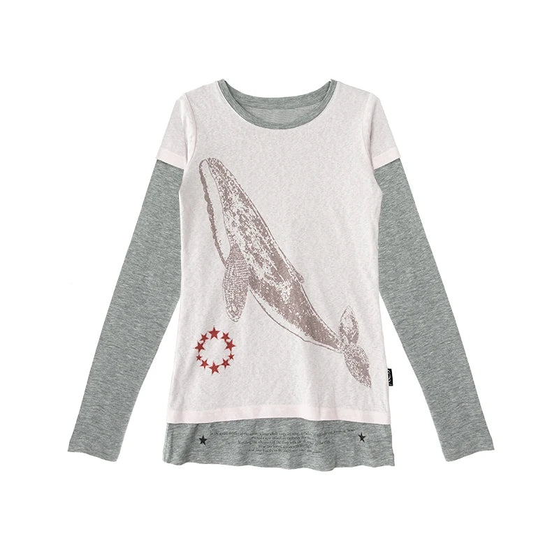 Chices Dollette Rosa Fake Zweiteiler Besticktes Langarm-Shirt mit Print für Damen Vintage Legere Vielseitige Rundhals-T-Shirts für Damen