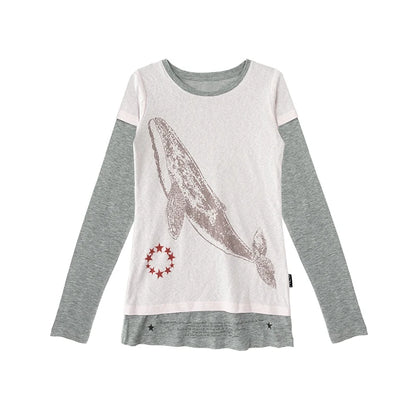 Chices Dollette Rosa Fake Zweiteiler Besticktes Langarm-Shirt mit Print für Damen Vintage Legere Vielseitige Rundhals-T-Shirts für Damen