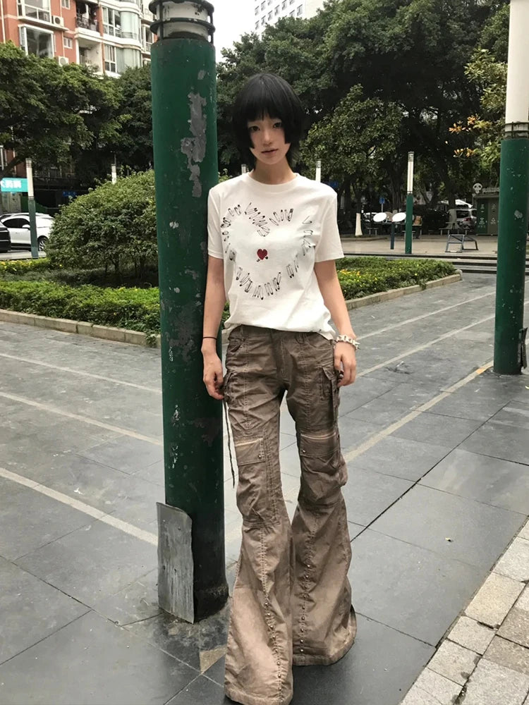 Chic Dollette Japanisches T-Shirt Kurzarm Print Grafik Top Weiß Grunge Top Streetwear Amerikanischer Retro 90er Jahre T-Shirts