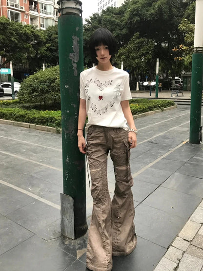 Chic Dollette Japanisches T-Shirt Kurzarm Print Grafik Top Weiß Grunge Top Streetwear Amerikanischer Retro 90er Jahre T-Shirts