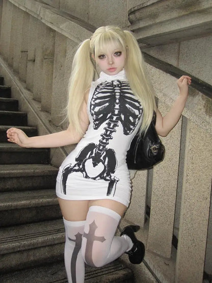 Robe courte Chic Dollette Harajuku Fashion imprimé libellule abstraite sombre os E-girl moulante gothique punk sexy streetwear