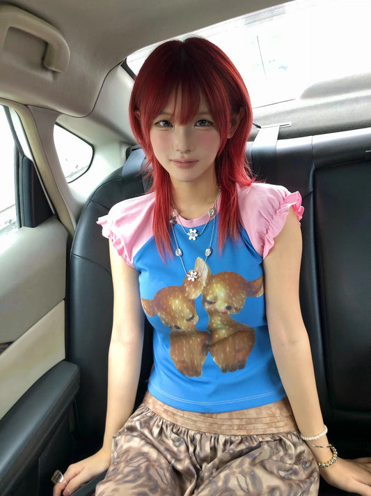 Chic Dollette Japanese Deer 2000s Short Sleeve Top