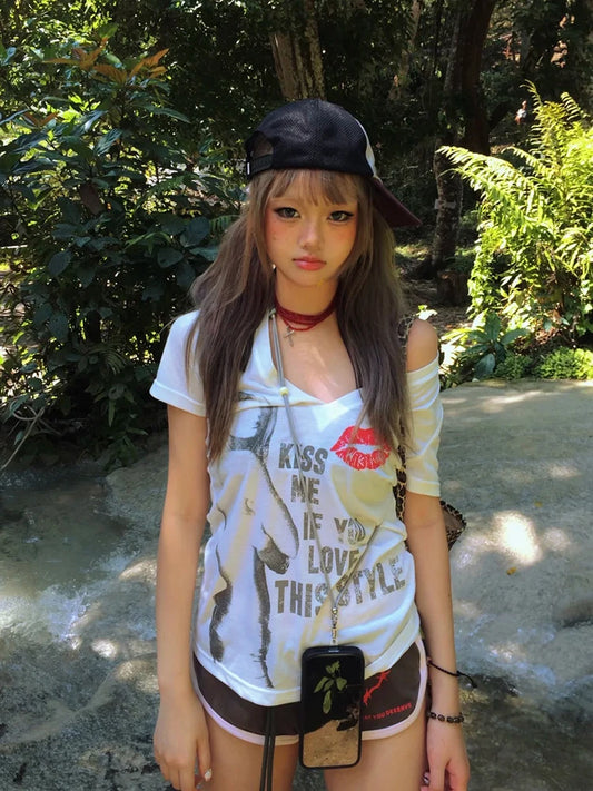Chic Dollette Summer Print Letter T Shirt Women V Neck Y2k Fairycore Vintage Tops Streetwear Japanese 2000s Graphic Tops Tee E-girls