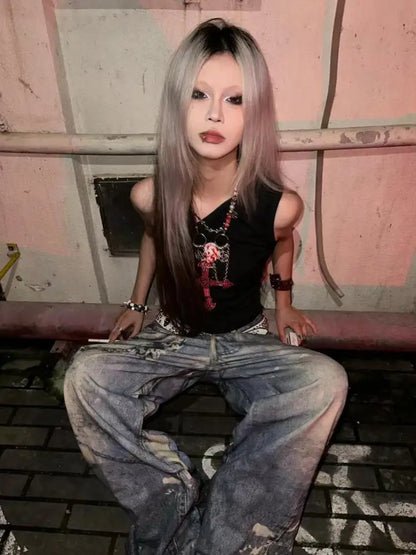 Chic Débardeur Dollette Hotsweet T-shirt graphique asymétrique imprimé Manches courtes Vêtements des années 2000 Vêtements féminins Gilet mode coréenne