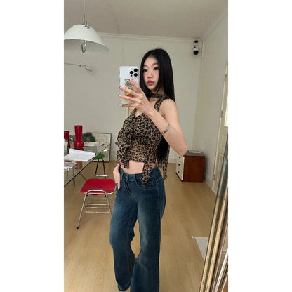 Débardeur Chic Dollette sexy imprimé léopard sans manches en mousseline de soie, top court dos nu, Streetwear pour soirée d'été