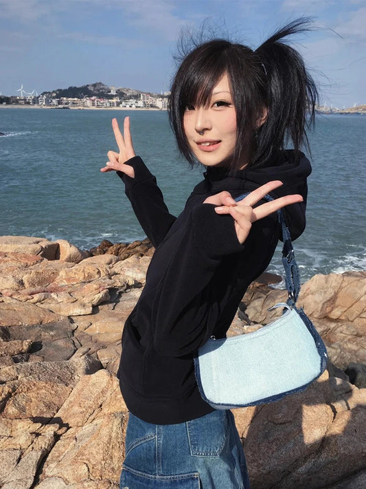 Chic Dollette   Japanese Hooded Long Sleeve Casual Black Sweatshirt American Retro Basic Winter Coat Streetwear Hoodie E-girl