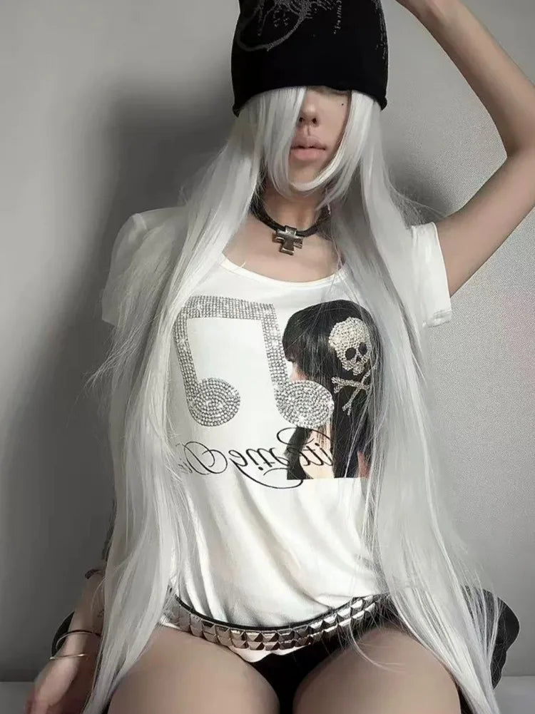 Chic Dollette 2026 Summer T-shirt Streetwear Grunge Skull Rhinestone Tops Y2k Aesthetic Casual Harajuku Loose Tshirt