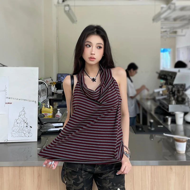 Chic Dollette Débardeur vintage gothique rayé sans manches Col bénitier Camisole Style japonais années 2000 Grunge Top E-girls