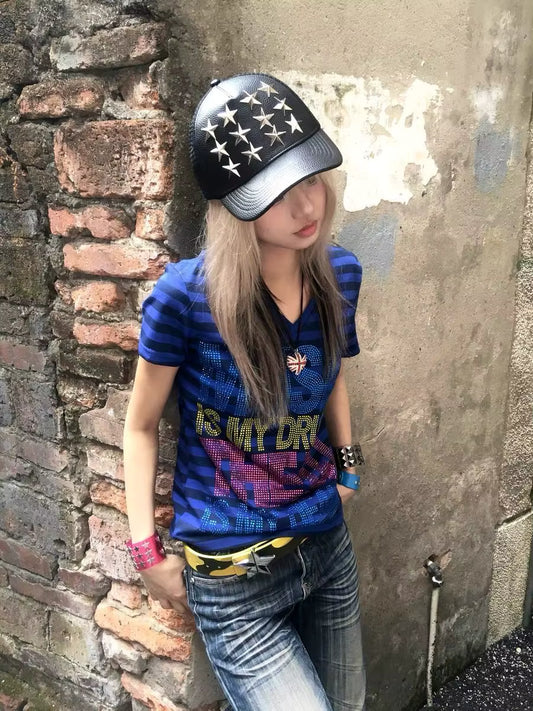 Chic Dollette Blue Striped Short Sleeve Tee