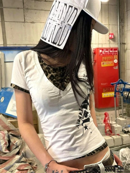 Chic Dollette 2000s Subculture Print T Shirts American Vintage Slim Leopard Patchwork Tees Y2k Harajuku Hot Girl Streetwear Short Sleeve Tops