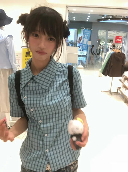 Chic Dollette  Japanese Plaid Shirt Women Short Sleeve Irregular Blouse And Shirt Korean Style Vintage Shirts 2000s Aesthetic
