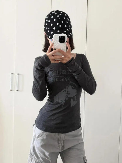 Schicke Dollette Streetwear Grafik T-Shirts Damen Kleidung Langarm Koreanische Mode 2000er Kleidung T-Shirts Weibliche Kleidung Herbst Oberteil