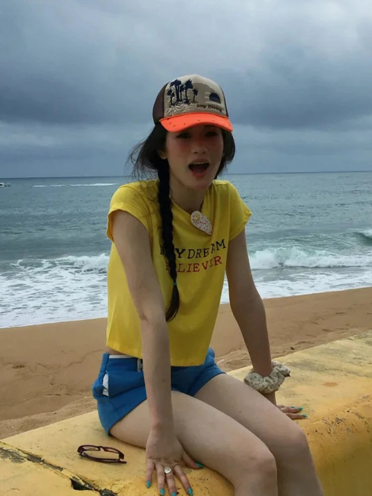 Chic Dollette Slim Yellow Crop Tops Short Sleeve Japanses 2000s Y2k Vintage Tops Streetwear