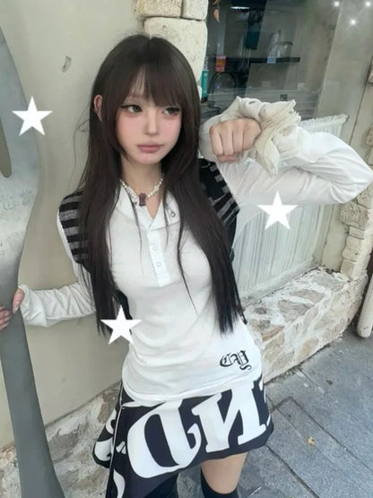Chic Dollette  American Retro T-shirt Hooded Print Graphic Top  Vintage Top Streetwear Japanese 2000s Grunge Top E-girls