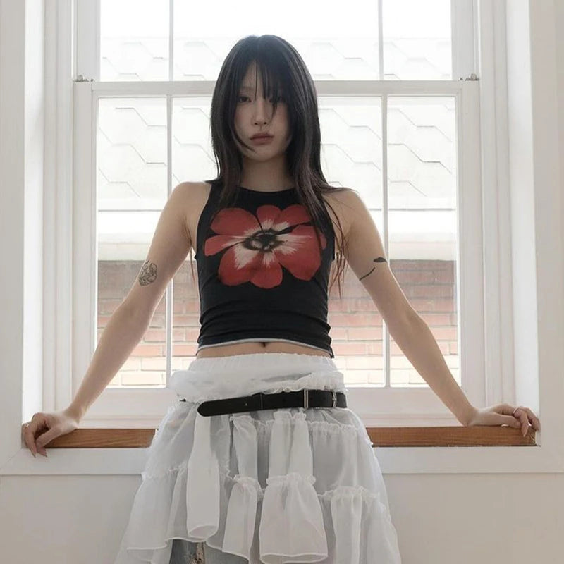 Chic Dollette Print Tanktop Blumen Ärmellos T-Shirt Streetwear Vintage Grunge Crop Top 2000er Jahre Japanisches Westen-Top