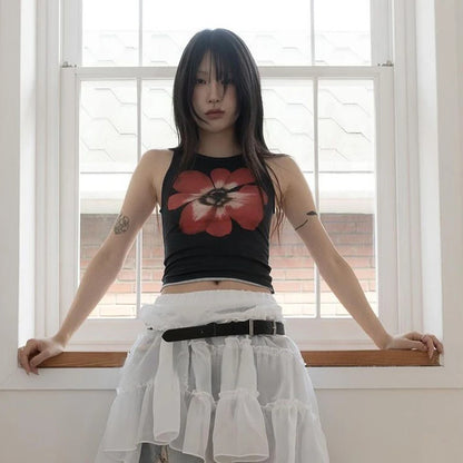 Chic Dollette Print Tanktop Blumen Ärmellos T-Shirt Streetwear Vintage Grunge Crop Top 2000er Jahre Japanisches Westen-Top