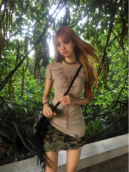 Chic Dollette Graphic T Shirts Woman Clothes Short Sleeve Korean Fashion Print 2000s Clothes  Vintage Tees Female Clothing Tshirt