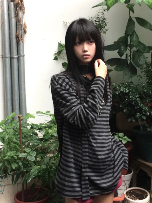 Haut imprimé vintage gothique Chic Dollette, t-shirt rayé à manches longues, haut t-shirt étoile japonaise, t-shirts grunge années 2000