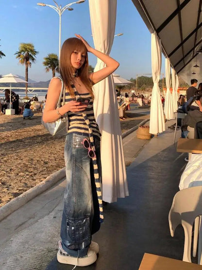 Chic Dollette Harajuku Gestreiftes Camisole Ärmelloses Koreanische Mode Streetwear Gestricktes Tanktop mit Bindeband Sommer Top Neckholder Top