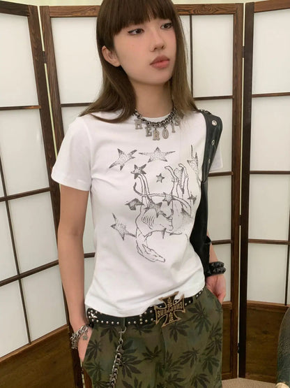Chic Dollette Amerikanischer Retro-Print Grafik-T-Shirts Damen Kleidung Kurzarm 2000er Kleidung Koreanische Mode T-Shirts Frauen Kleidung