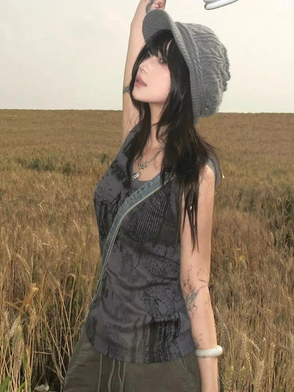 Chic Dollette Hotsweet Débardeur Imprimé Gilet Skinny Gris Col Rond Sans Manches Vêtements Années 2000 Vêtements Femme Mode Coréenne Haut Chic