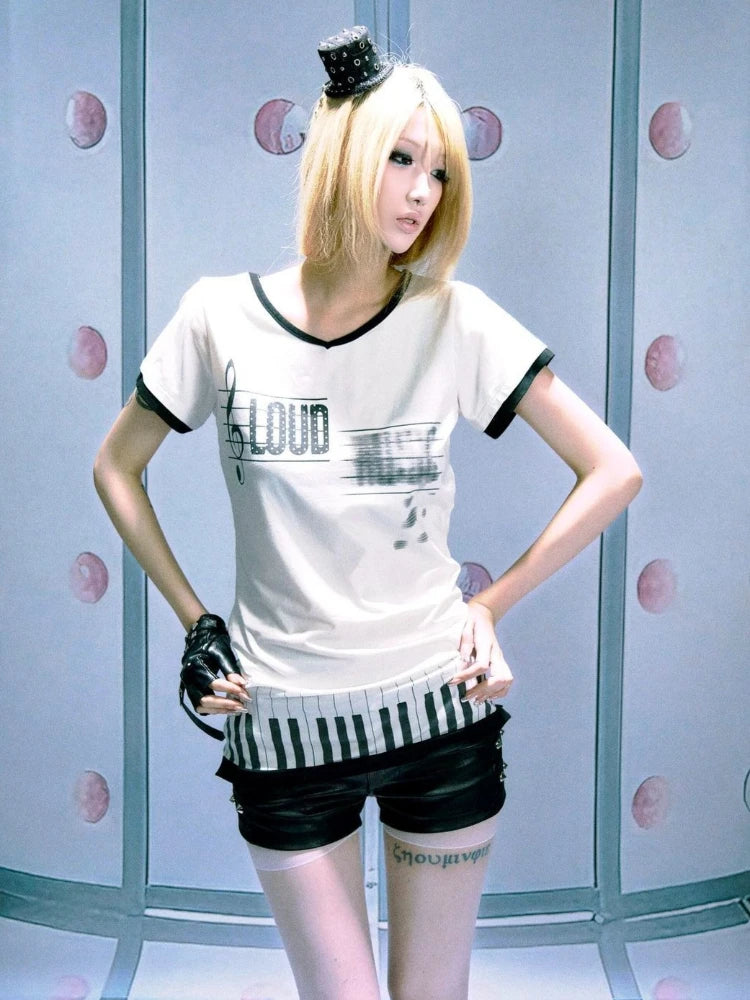 Chic Dollette Summer Japanese Casual Letter Printing T-shirt Y2k Aesthetic Loose Grunge Women Tops Harajuku Contrast Color Patchwork Tshirts