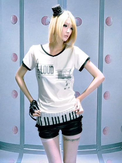 Chic Dollette Summer Japanese Casual Letter Printing T-shirt Y2k Aesthetic Loose Grunge Women Tops Harajuku Contrast Color Patchwork Tshirts