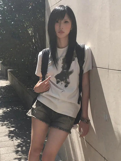 Chic Dollette  Japanese Print Cotton T Shirt Women Short Sleeve Graphic Tops Streetweaer American Retro Vintage Tops Tee E-girls