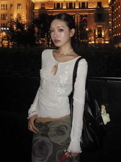 Elegantes Dollette Streetwear Slim Mesh Top Langarm Grafik T-Shirts Koreanische Mode 2000er Kleidung T-Shirts Damenbekleidung Frühling Chic