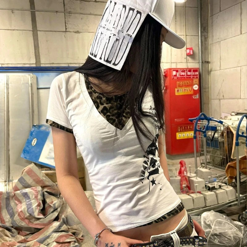 Chic Dollette 2000s Subculture Print T Shirts American Vintage Slim Leopard Patchwork Tees Y2k Harajuku Hot Girl Streetwear Short Sleeve Tops
