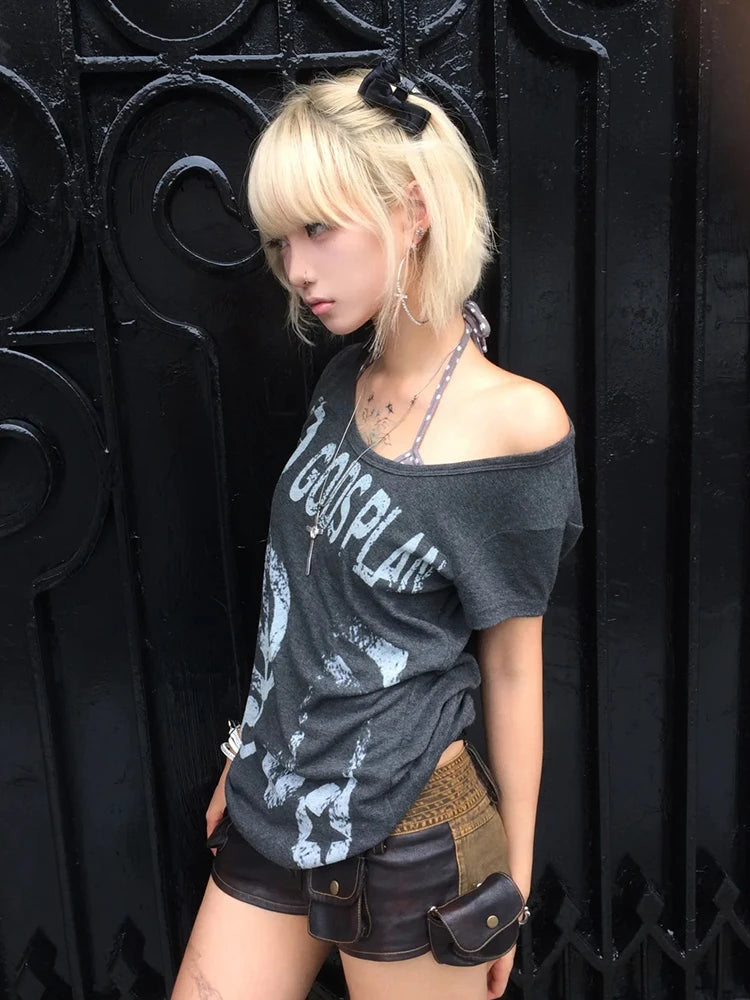 Chic Dollette Vintage T-Shirt Kurzarm Print Grafik-Top Japanische 2000er Grunge Top Punk Style Tee Top E-Girls