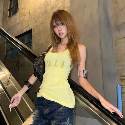 Chic Dollette Japanisches Tanktop mit Buchstabendruck, ärmellose T-Shirts, 2000er Camis, American Retro Grunge Top Tee Streetwear