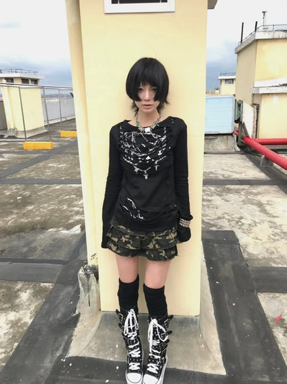 Schickes Dollette Gothic Vintage T-Shirt Langarm Broken Print Grafik Top Japanisches 2000er Grunge Top Streetwear Tee Top