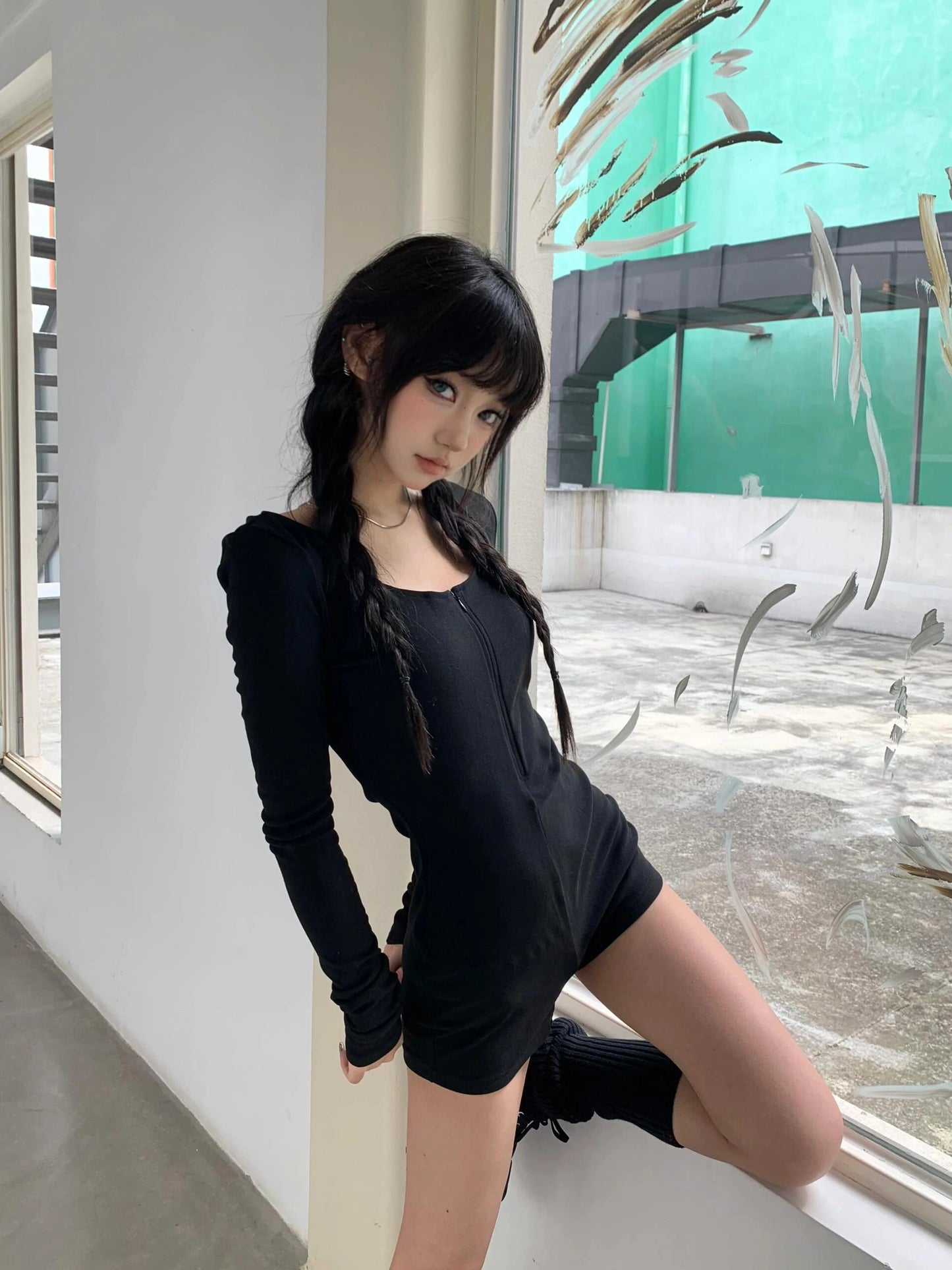 Chic Dollette Schwarzer Slim Romper für Langarm-T-Shirt Herbst Reißverschluss-Einteiler Sexy Overall für Damen