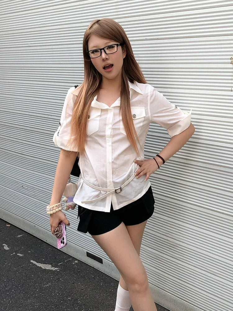 Elegantes Dollette-Shirt im koreanischen Stil, Halbarm, weiße Bluse mit Tasche, Vintage-Top, japanische 2000er, schmale Freizeithemden