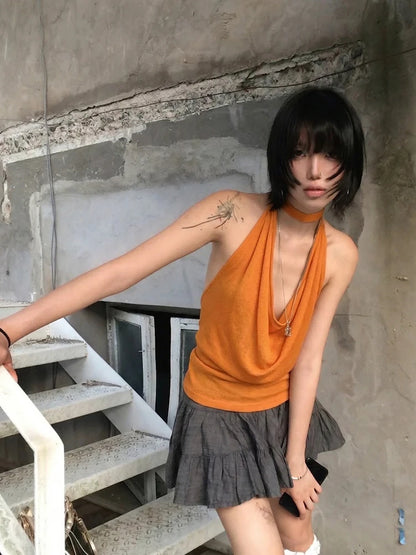 Chic Dollette Sexy Tanktop Neckholder zum Schnüren mit Schwingkragen Vintage Camis Streetwear Japanische ärmellose Tanks der 2000er-Jahre