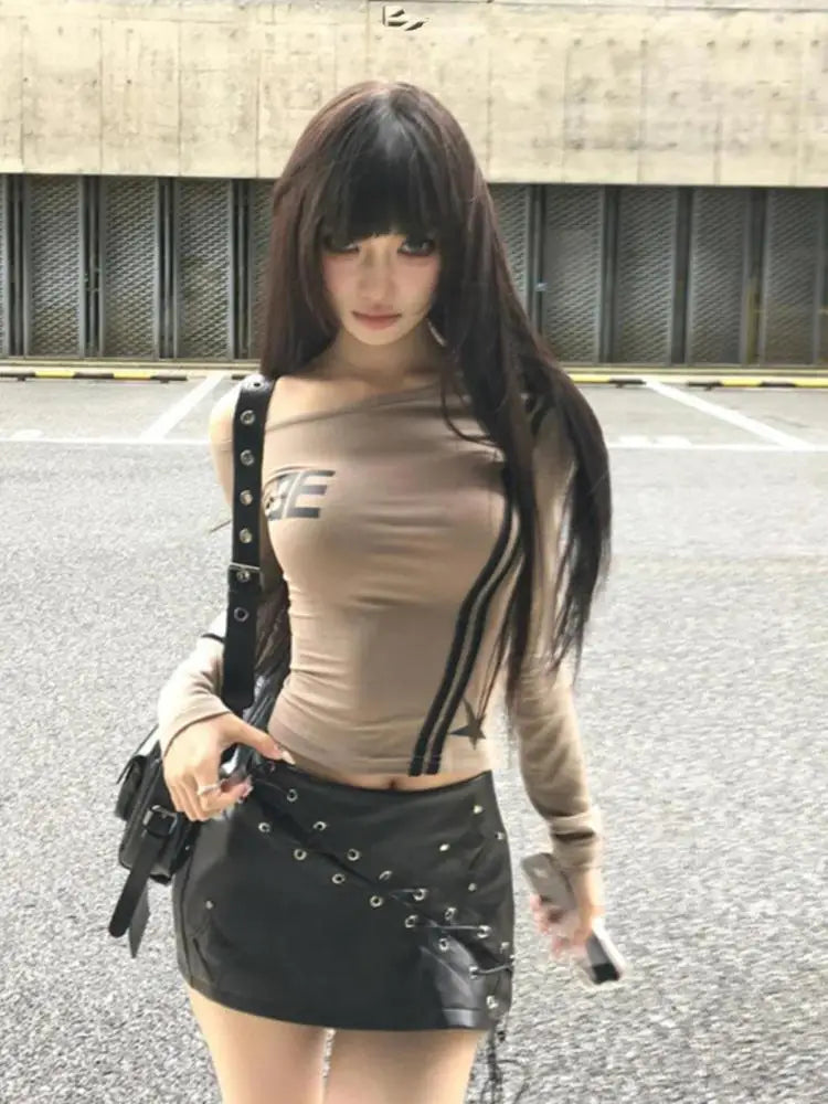 Haut court chic Dollette Hot Sweet à manches longues et imprimé, style années 2000, T-shirt décontracté pour femme