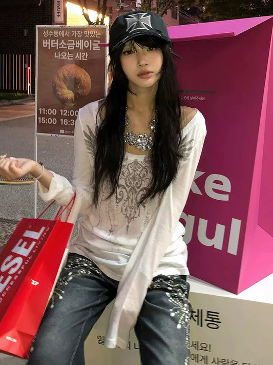 Chic Dollette  American Retro T Shirt Slim See Through Print Graphic Top  Japanese Grunge Top Streetwear Tee Top E-girls