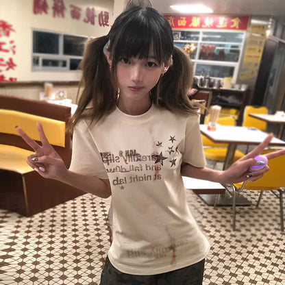 Chic Dollette Japanisches Print T-Shirt Kurzarm 2000er Grunge Top Egirls Streetwear 2000er Grafik Top Tee