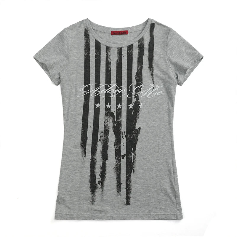 Chic Dollette Striped Letter Print T-shirt Grunge Aesthetics Short Sleeve Tee Shirt Vintage Punk Streetwear American Retro