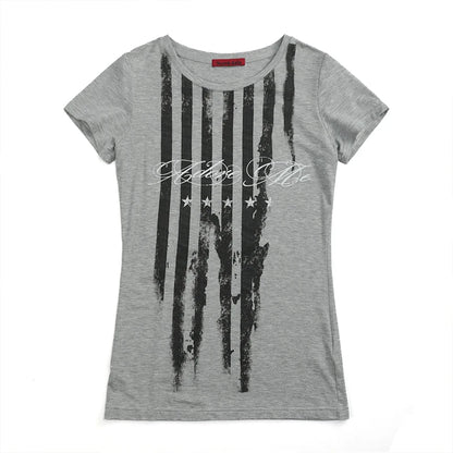 Chic Dollette Striped Letter Print T-shirt Grunge Aesthetics Short Sleeve Tee Shirt Vintage Punk Streetwear American Retro
