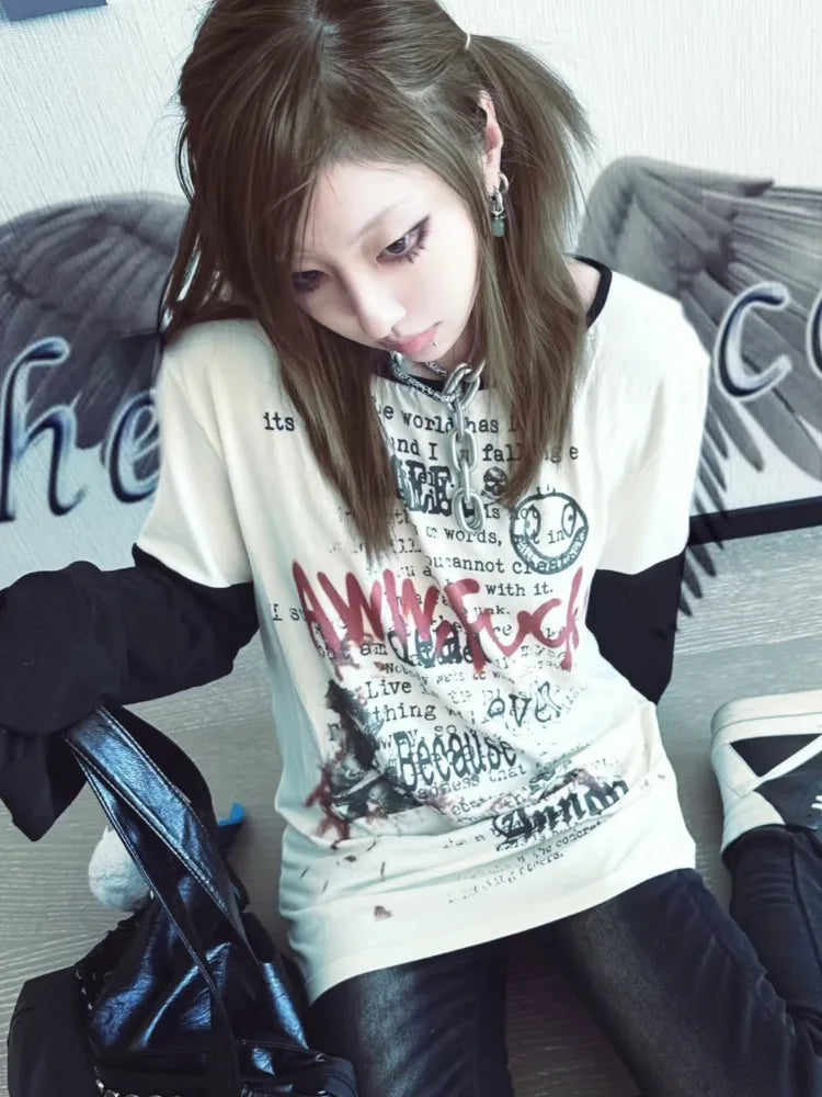 Chic Dollette Punk Letter Print T-Shirt Harajuku Women Men Patchwork Vintage Top Y2k Aesthetic Grunge Loose Tshirts