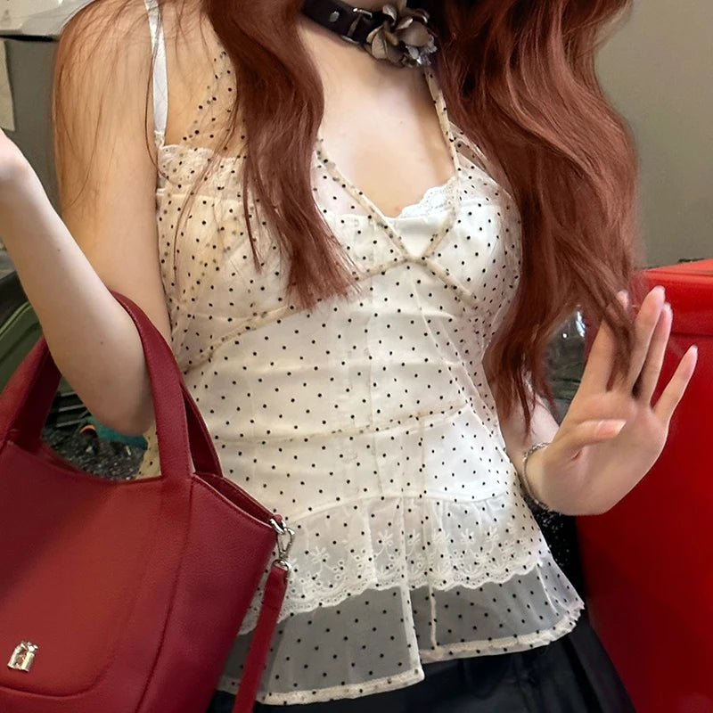 Schickes Dollette Vintage Tanktop gepunktet ärmelloses Tanktop Retro Crop Top Streetwear 2000er koreanischer Stil Sommer Mesh Top