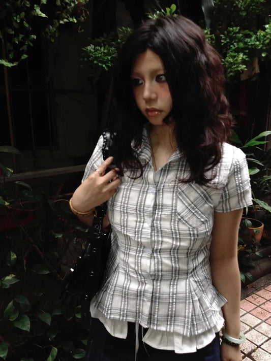 Chemise japonaise Chic Dollette, t-shirt à carreaux slim à manches courtes, chemisier et chemise rétro vintage américain, haut décontracté streetwear