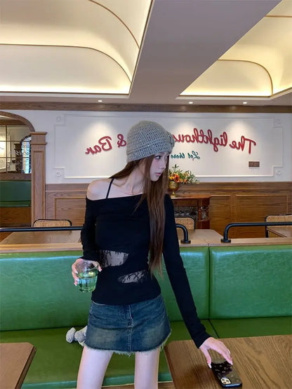 Schickes Dollette Hotsweet Asymmetrisches Langarm-T-Shirt mit schrägem Kragen, schmal geschnitten, Spitze, Hohl-Top, 2000er-Kleidung, koreanische Mode