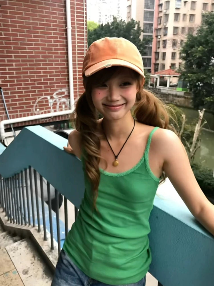 Chic Dollette American Retro Tank Tops Women Lace Green Sleeveless Vintage Tops Y2k Aesthetic Camis Japanese 2000s Streetwear Tanks