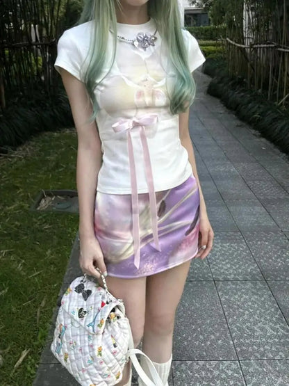 T-shirts Femme Chic Dollette Imprimé Floral Manches Courtes Nœud Style Japonais Années 2000 Vêtements T-shirts Moulants Vêtements Féminins